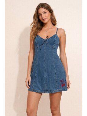🍒 Hollister Cherry Embroidered Denim Mini Slip Dress Medium 🍒